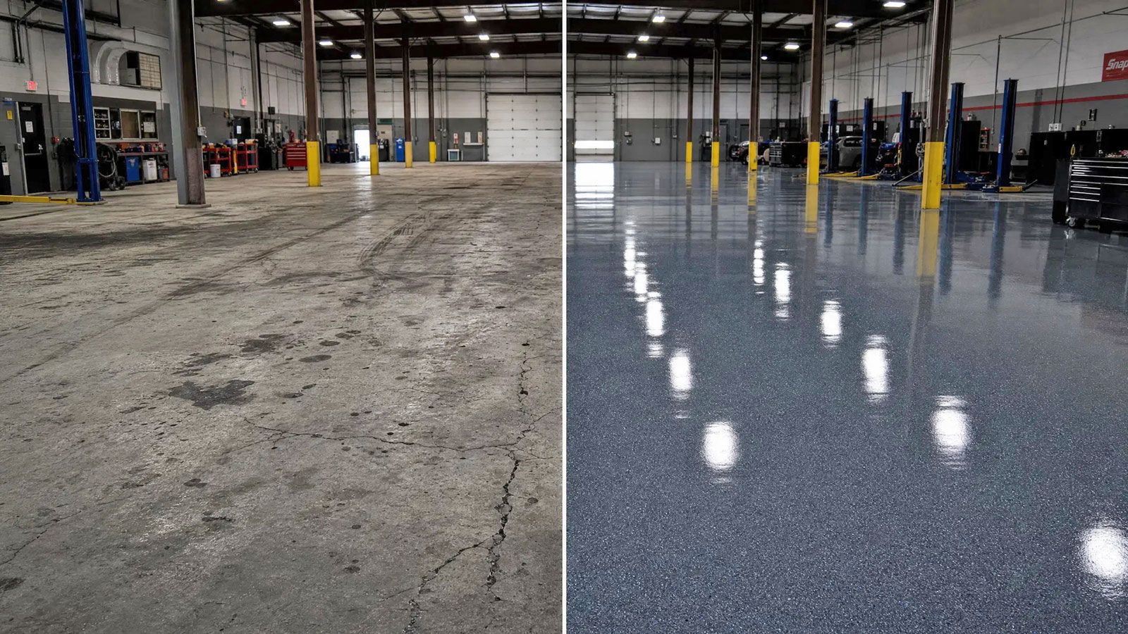 Commercial floor coating before and after — auto shop floor